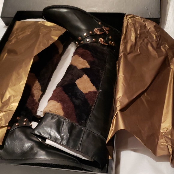 Ivy Kirzhner New Luxe TALL Hidden Wedge Stud Leather & Shearling Boot BLACK πHP - Picture 11 of 17